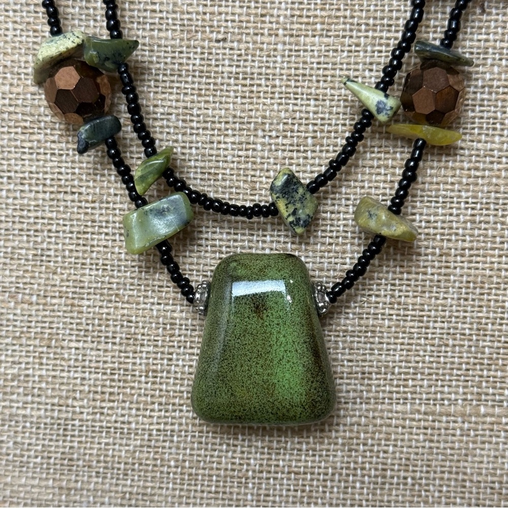 Beaded Necklace With Green Glass Pendant And Gemstone Necklace 14” + 2.5”